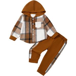Toddler Baby Boy Clothes Long Sleeve Hoodie Plaid Flannel Shirt and Pants Set Fall Winter Outfits (Brown)