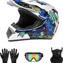Youth Sport Full-Face Helmet for BMX, Mountain Bike & Off-Road Motocross Helmet, DOT Certified Motorcycle Helmet for Dirt Bike & ATV, Lightweight and Comfortable, 4-Piece Set (Large, White Claw)