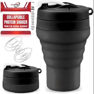 Collapsible Protein Shaker & Water Bottle Food-Grade, Leakproof Lid 600mL/20oz Shaker Cup - Reusable Silicone Shaker Cups for Protein Shakes with Mixing Ball for Gym-goers & Travelers (Full Black)