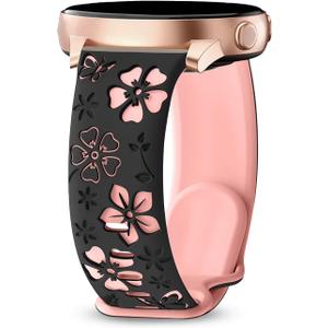Floral Engraved Band for Garmin Vivoactive 4/Venu 3/Venu 2 45mm Women,22mm Cute Two-Tone Flower Soft Silicone Sport Strap for Garmin Forerunner 570 47mm/265/255/255 Music (Black/Pink)