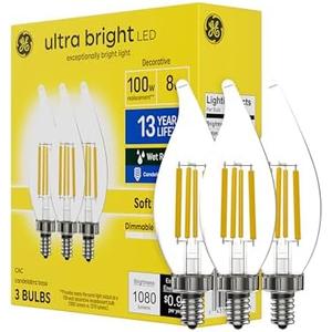 GE Ultra Bright LED Light Bulbs, 100W, Soft White Candle Lights, Clear Decorative CA12 Light Bulbs, Candelabara Base (2 Pack)