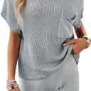 HANMAX Womens Summer 2 Piece Outfits Short Sets Knit Pullover Tops High Waisted Shorts Tracksuit Lounge Sets (Gray), Size S