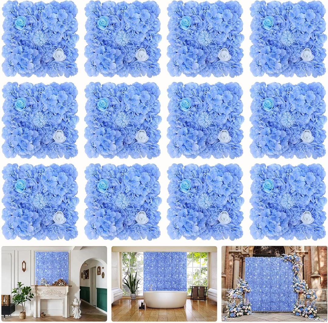 12pcs Flower Wall Backdrop 16.5"x16.5" Artificial Floral Panel-Blue