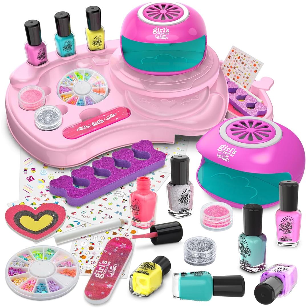 Amagoing Nail Polish Set for Girls Ages 7-12, Kids Nail Art Studio Kit, Non Toxic Quick Dry Nail Polish, Nail Dryer, Storage Desk, Glitter, Cool Girls Stuff, Birthday Gifts Ideas 8 9 10 11 Years Old