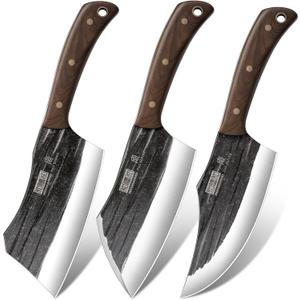 HOSHANHO Butcher Knife Set, 3-Piece High Carbon Steel Serbian Chef Knife Set of Heavy Duty Boning Knife & Meat Cleaver Knives & Viking Knives for Home, Cooking, Outdoor Camping BBQ