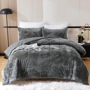YIYEA Faux Fur King Size Comforter Set, Luxury Ultra Soft Fluffy Comforter, Plush Fuzzy Bedding Comforter Sets for Fall Winter, Cozy Warmth, No Shedding, 3PC, King, Dark Grey