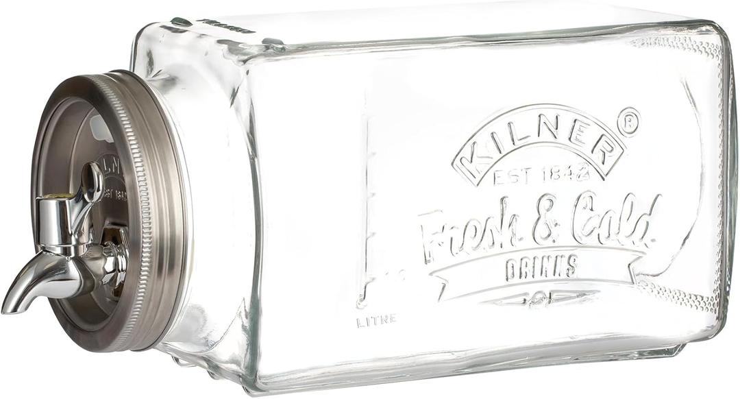 Kilner 3 Litre Glass Fridge Drinks Dispenser Space-Saving Design with Measuring Scale for Daily Water Tracking Airtight Tap for Juices, Flavoured Waters & Cold Drinks
