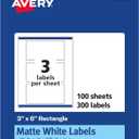 Avery Matte White Rectangle Labels, Sure Feed Technology, 3" x 6", 300 Matte White Printable Labels