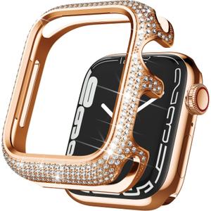 Bling Cases Compatible with Apple Watch 45mm Series 7/Series 8, Stainless Metal Protective Case with Sparkling Rhinestones Diamond Bezel Cover Case for Women Girl, Rose Gold
