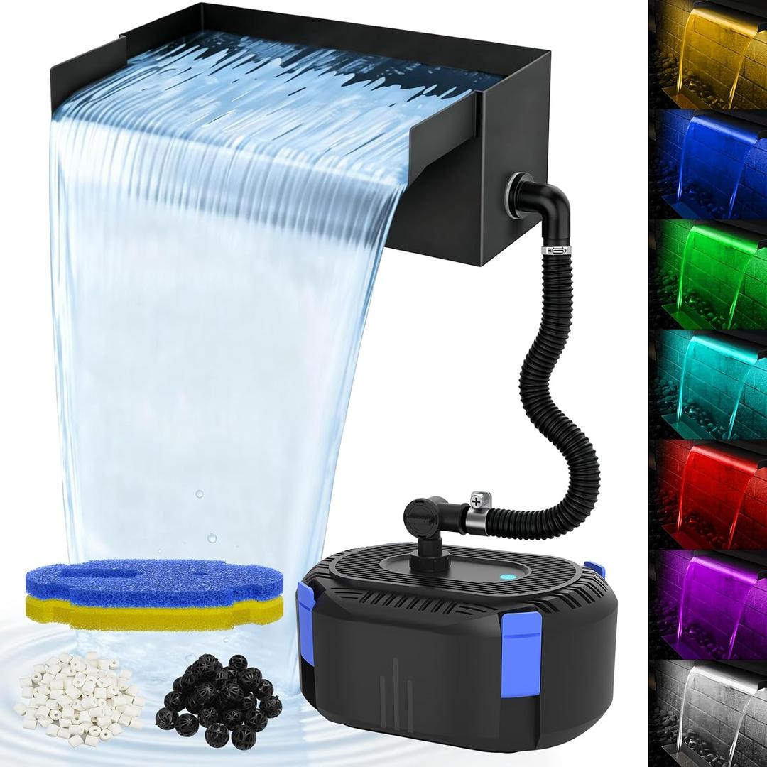 AquaMiracle Pond Waterfall Kit with Lights | 12" Stainless Steel Waterfall Spillway & 850GPH Water Pump | 4-Stage Filtration | Remote Control LED | for Pond, Pool, Backyard | for 500-750 Gal Water