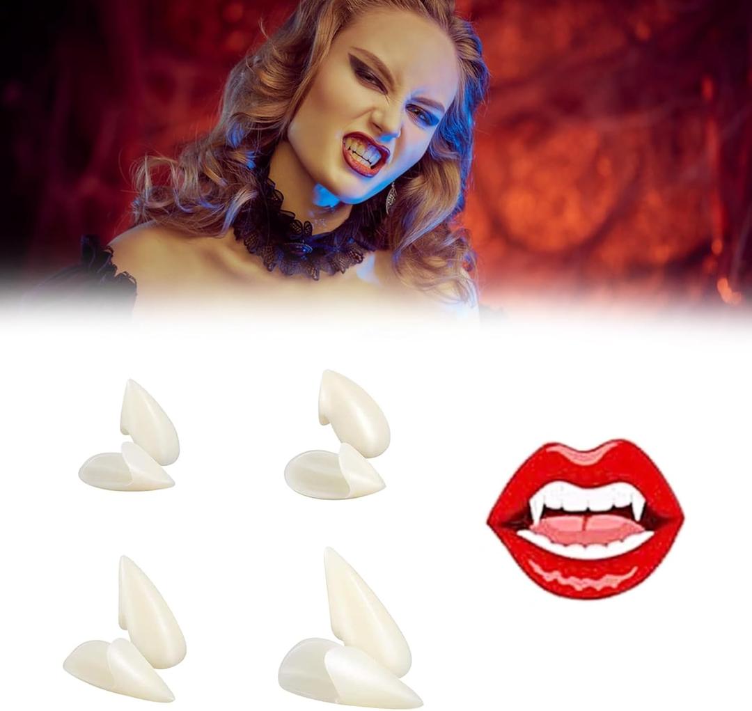 Halloween Vampire Teeth, Set of 4 Size Vampire Fangs with Adhesive, Fake Fangs for Cosplay Party Props Halloween Prank Cosplay Costumes Accessories Party Favors