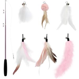 SONGWAY Interactive Cat Feather Toy Set - Retractable Teaser Wand with 6 Pcs Feather Refills with Bell, Cat Wand Toys for Indoor Cats Kittens Play Chase Exercise, Light Pink