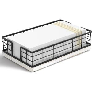 Wican Guest Towel Holder Tray for Bathroom, Oak and Iron Napkins Holder for Powder Room Dinning Table Wooden Basket for Disposable Paper Hand Towels Black and Farmhouse White (9.06 x 5.51 x 2.56 inchs)