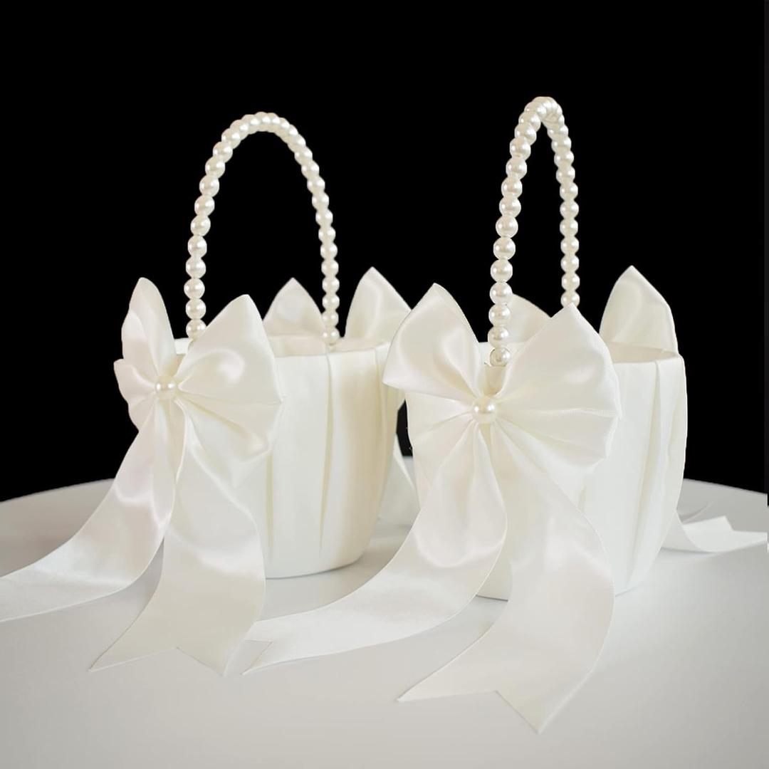 ATAILOVE Flower Girl Basket with Pearl Handle, Ivory Fariy Wedding Baskets for Flower Girls, Set of 2