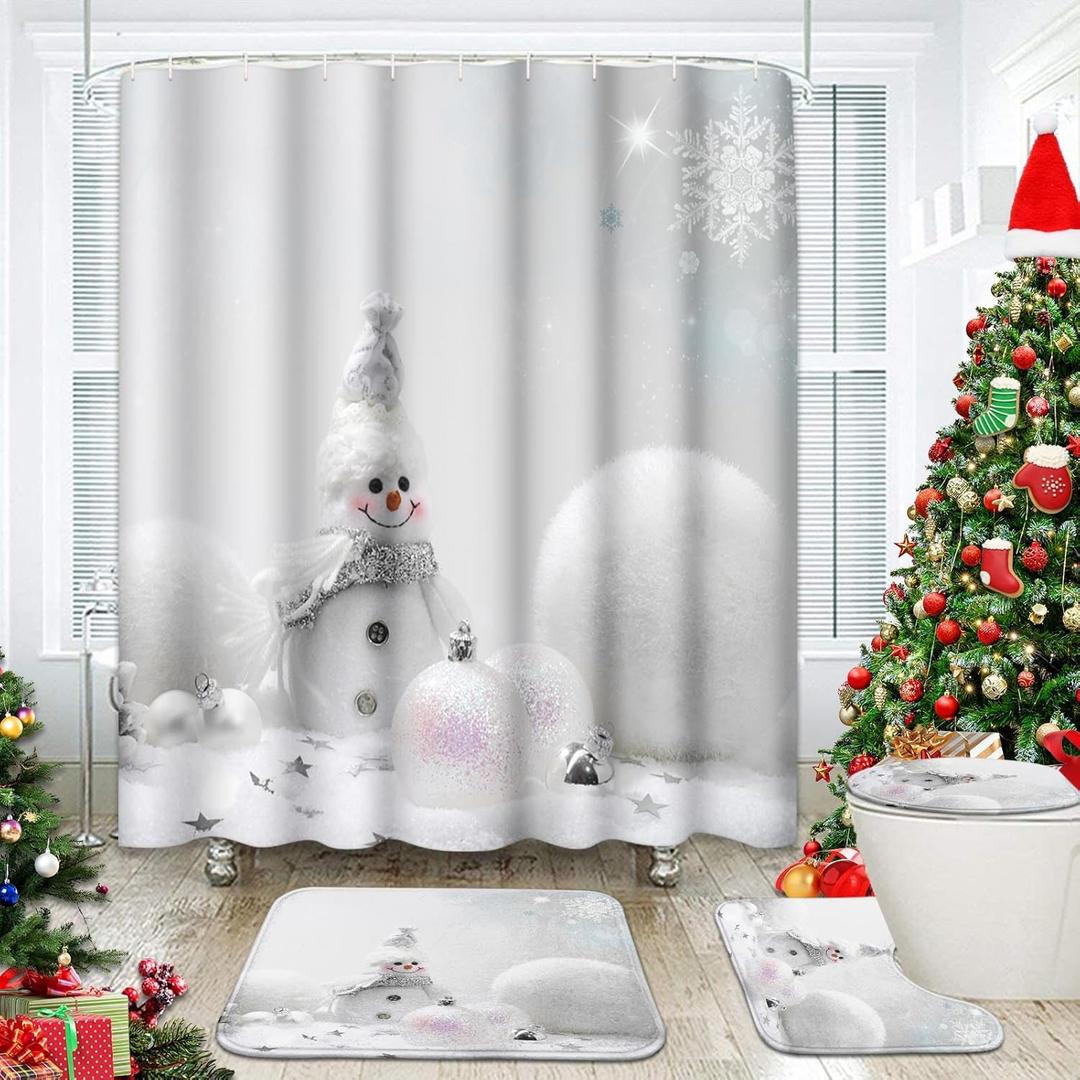Britimes 4 Piece Shower Curtain Sets with 12 Hooks, Christmas White Snowflakes Snowman with Non-Slip Rugs, Toilet Lid Cover and Bath Mat for Bathroom Decor Set, 72" x 72"
