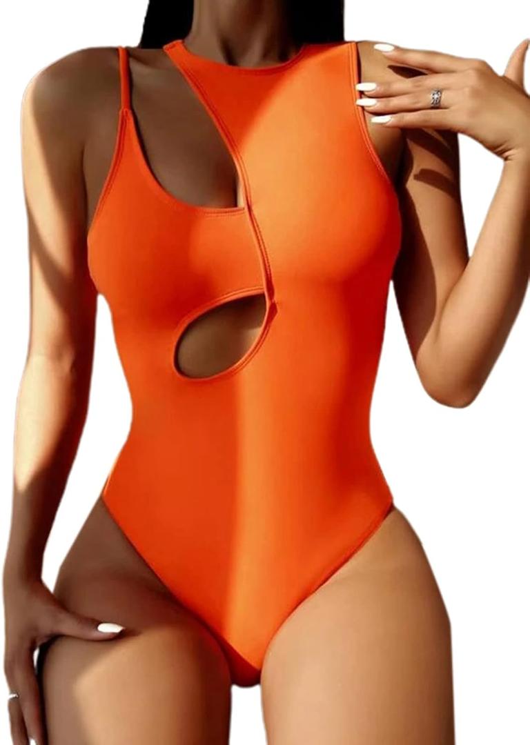Hilinker Women's Cutout Swimsuit High Waisted Monikini One Piece Bathing Suit XL, Orange