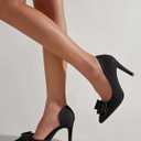 Womens Bow Heels Closed Pointed Toe Dress Shoes Stiletto Slip on Wedding Pumps (Black), 10