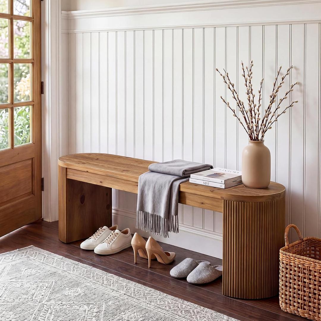 LITTLE TREE 55” Solid Wood Entryway Bench, Farmhouse Dining Bench with Fluted Legs & Half Round Curved Sides, Long Shoe Bench with Storage, Wooden End of Bed Bench for Bedroom, Dining Room