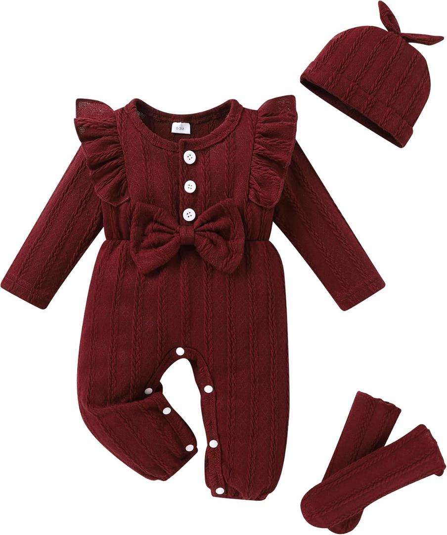 YOUNGER TREE Baby Girl Clothes Newborn Infant Ruffle Romper Long Sleeve Sweater Jumpsuit Hat Socks Toddler Fall Winter Outfit, 18-24 Months