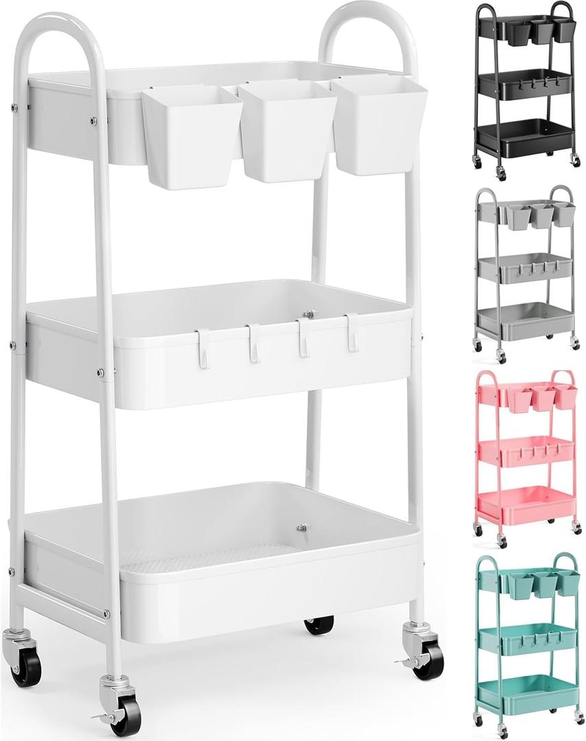 Tier Metal Rolling Cart with Lockable Wheels, Black Three Tiered Utility Storage Organizer Carts on Wheels for Bathroom, Kitchen, Laundry, Garage, Office, Craft, Art, Baby, Diaper Caddy, Snack, Book
