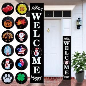Consevisen Welcome Sign for Front Door Porch Standing, Interchangeable 47 x 7.9 Inch Outdoor Vertical Wooden Welcome Sign with 12 Seasonal Icons for Spring Fall Christmas Easter Farmhouse Home Decor