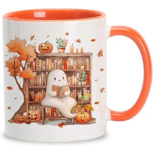 Hyturtle Fall Coffee Mug, Cute Ghost Reading Book Mug, Maple Leaves Pumpkin Autumn Gifts For Men Women On Birthday Thanksgiving Christmas, Book Lovers Gifts, 11oz White Orange Ceramic Coffee Tea Cup