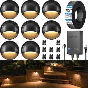 SUNVIE All-in-One Low Voltage Deck Lights Kit, 8 Pack 5W Low Voltage Landscape Lighting with 60W Transformer 100FT Wire and Connectors, 3000K 12-24V AC/DC LED Deck Step Lights for Fence Post Patio