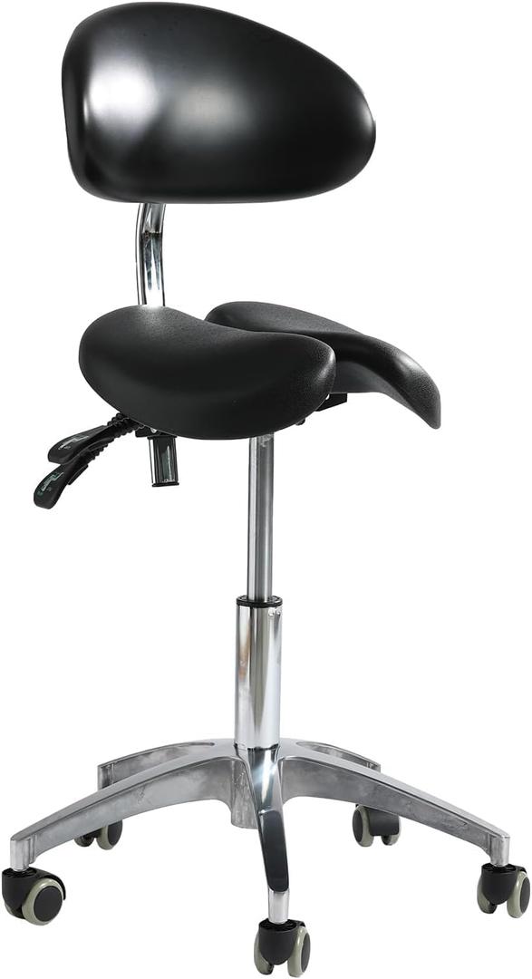Ergonomic Split Seat Saddle Stool with Back Support & Wheels - Adjustable Salon Chair for Tattoo Artists, Hairdressers, Home Office Use, Black