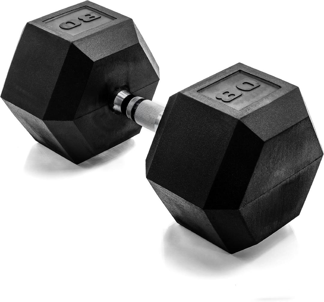 CAP Barbell 80 LB Rubber Coated Hex Dumbbell Hand Weight - Single | Chrome Handle