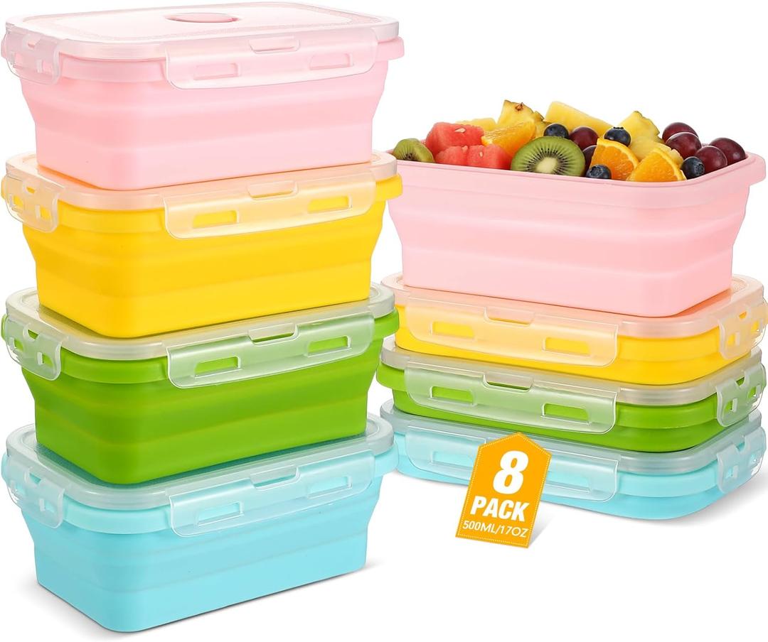 Mifoci Set of 8 Silicone Collapsible Bowls for Camping with Vent Lid 17 oz Silicone Storage Containers for Food Meal Preparation Square Bowl Microwave Freezer Dishwasher Safe (Pink,Yellow,Blue,Green)