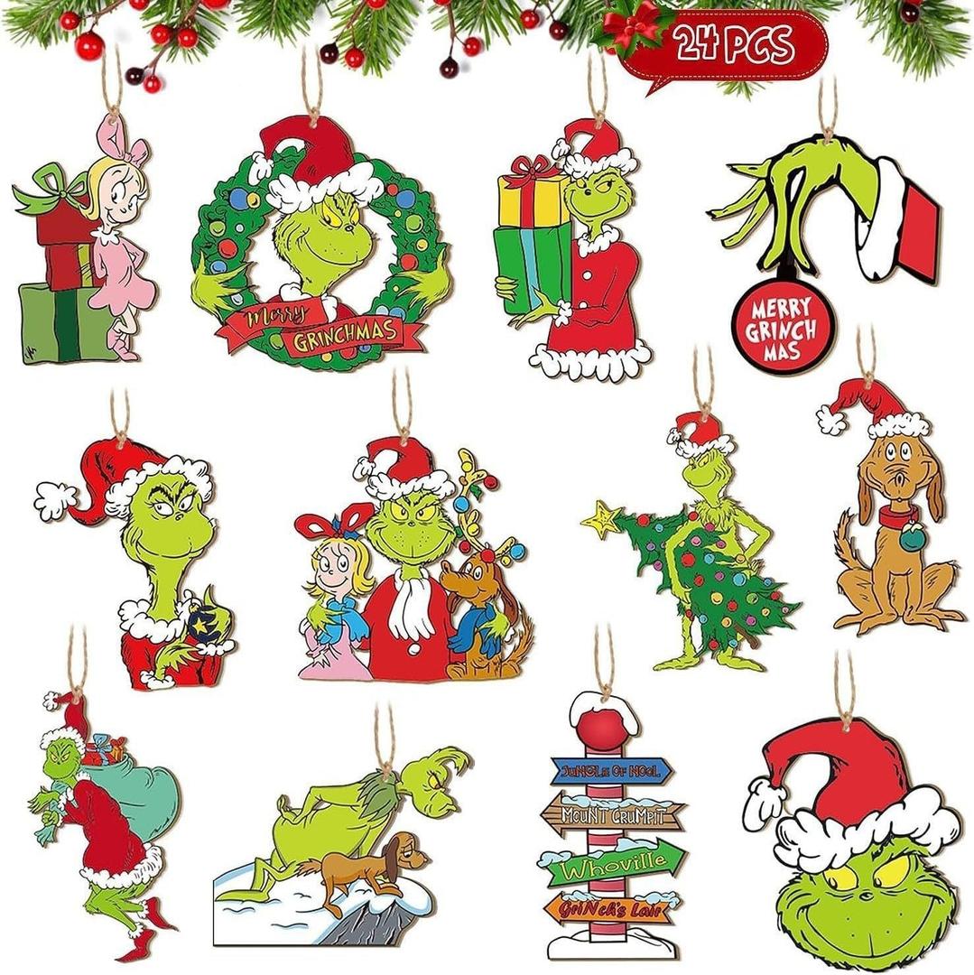 Green Christmas Tree Decorations - 24PCS Wooden Christmas Tree Hanging Ornament for Holiday Party Indoors Home Decor Ornaments