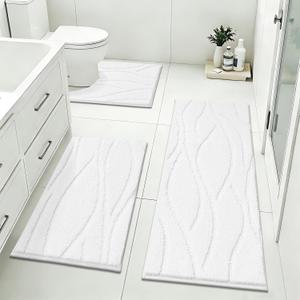 Bsmathom Bathroom Rugs Sets 3 Piece, Soft Non Slip Microfiber Bath Mat and U-Shaped Contour Toilet Rug, Machine Washable Absorbent Shaggy Bathroom Set, White