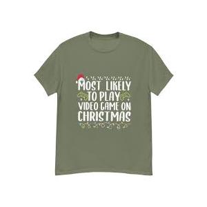 Most Likely to Christmas Matching Family Pajamas Funny T-Shirt Size L in Olive Green
