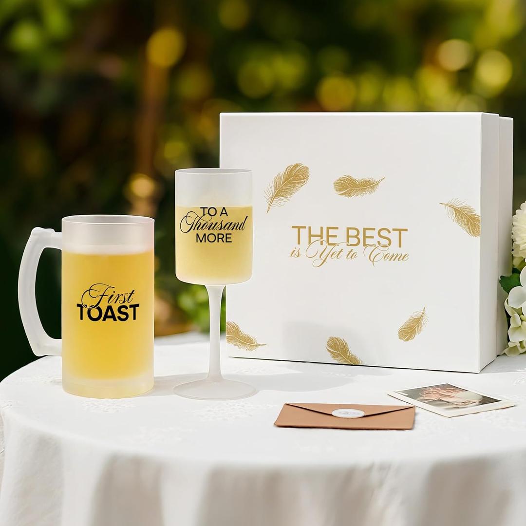 AW BRIDAL Wedding Gifts for Couples 2026, Engagement Gift for Him and Her, Frosted Glass Champagne Flute and Beer Mug Set, Bridal Shower Present, Bride and Groom Toasting Glasses for Anniversary