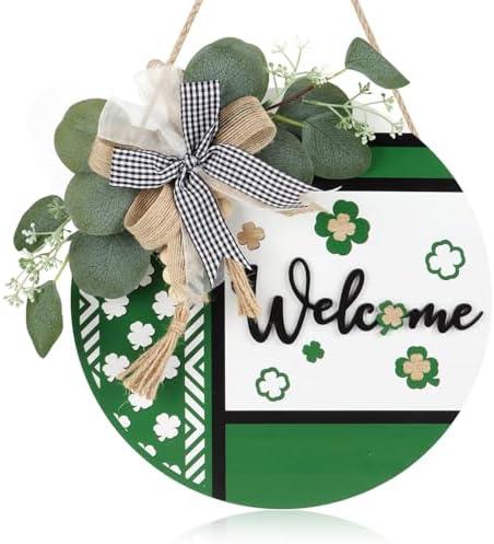 CHDITB 3D Welcome Spring Door Sign, Rustic Green Shamrock Clover Decoration Wall Hanging with Bow Leaves Beads, Wooden Hello Spring Summer St Patrick's Day Decor for Front Door Porch Farmhouse(12"x 12")