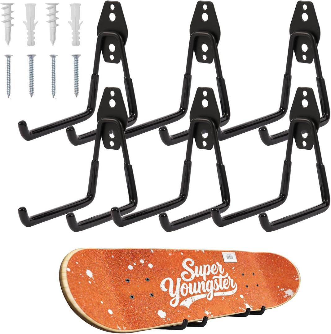 6 Pack Skateboard Wall Mount Hanger Rack - Skateboard Accessories,Heavy Duty Iron Storage Display Hook for Horizontal Installation,Non-Slip PVC Coating,Holds 55 lbs, Easy Mount on Wall & Wood