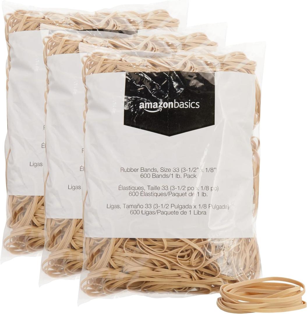 Amazon Basics Rubber Bands, Office Supplies, Size 33 (3-1/2 x 1/8 Inch), Stretchy, 600 Bands/1 lb Pack, 3-Pack, Tan