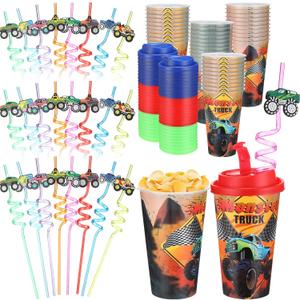 Yungyan 36 Set Monster Truck Party Favors Goodie Cups with Lids and Straws for Birthday Decorations Reusable 16oz Plastic Candy Cups Plastic Straws for Birthday Party (Truck)