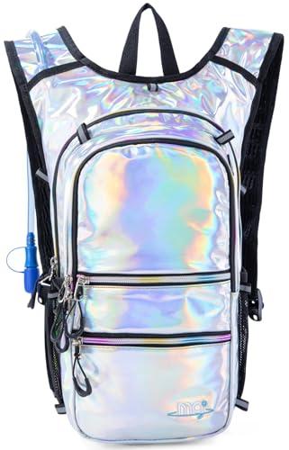 Hydration Backpack Pack with Cool Lights, 2L Water Bladder, Lightweight Bag for Running, Hiking, Bike, Climbing, Music Festival Essential, and Rave (Holographic-Silver)