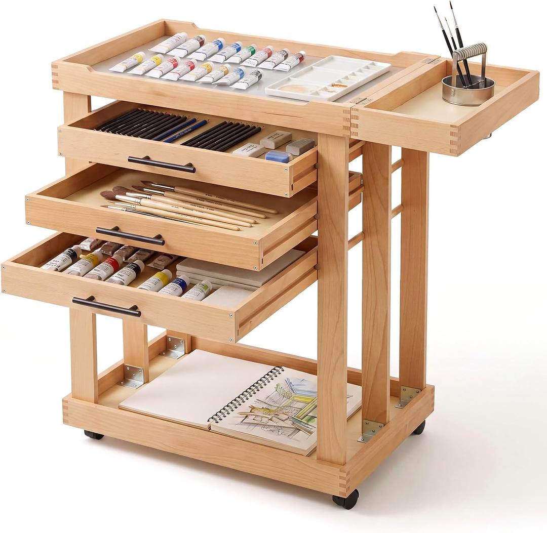 Art Supplies Storage Cart 5-Tier Solid Beech Wood 3 Drawers 4 Rolling Wheel