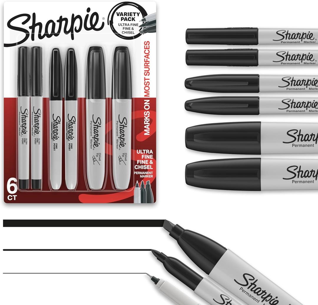Sharpie Permanent Markers Variety Pack, Includes Chisel, Fine, and Ultra-Fine Tips, Marker Set, Writing, Coloring, Poster, Office, School Supplies, Black, 6 Count