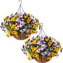 2 Set Artificial Outdoor Pansy Flowers with Hanging Baskets, 2 Hanging Baskets with 24 Pcs Silk Flowers for Spring Easter Decorations Porch Patio Home Decor (2, Purple, Yellow, White, Light Purple)