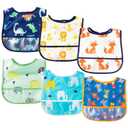6Pcs Waterproof Toddler Bibs Baby Feeding Bib Set with Crumb Catcher Pocket Infant Adjustable Baby Teething Bib Babies Sleeveless Animals Food Bibs Keepsake Gift for Baby Shower, 6-24 Months (Blue)