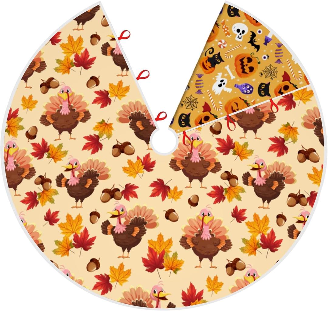 Double Sided Thanksgiving Halloween Tree Skirt Merry Xmas Trees Skirts Christmas Party New Year Snowflake Decorations Ornaments Holiday Decor Mat for Tree (Thanksgiving/Halloween, 48)