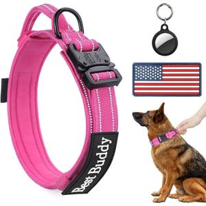 AUBELL Reflective Tactical Dog Collar,Adjustable Military Heavy Duty K9 Collars with Handle and Quick Release Metal Buckle Great for Large Dogs, with Airtag Case and 2 Patches (Pink,Large)
