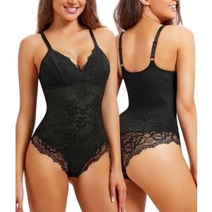 REYEOGO Lace Shapewear Bodysuit for Women Tummy Control Body Shaper V Neck Fajas Tank Tops Slimming Camisole Corset, (Black,Medium)