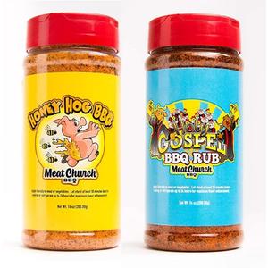 Meat Church BBQ Rub Combo: Honey Hog (14 oz) and Holy Gospel (14 oz) BBQ Rub and Seasoning for Meat and Vegetables, Gluten Free, One Bottle of Each (EXP 03/12/26)