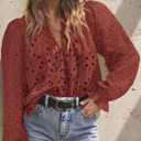 PRETTYGARDEN Women's Dressy Casual Blouse Tops Fall Spring Puff Long Sleeve Button V Neck Hollow Out Lace Embroidered Shirts (L)