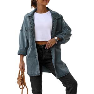 Saodimallsu Women's Oversized Denim Jackets Casual Button Down Long Boyfriend Jean Coats with Pockets (Large, Navy)