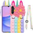 nancheng for Samsung Galaxy A15 5G Case Girls Women Case Cute Cartoon Silicone Bubble Push Pop Funny Toys with Strap Lanyard Shockproof Protective Phone Case - Rainbow